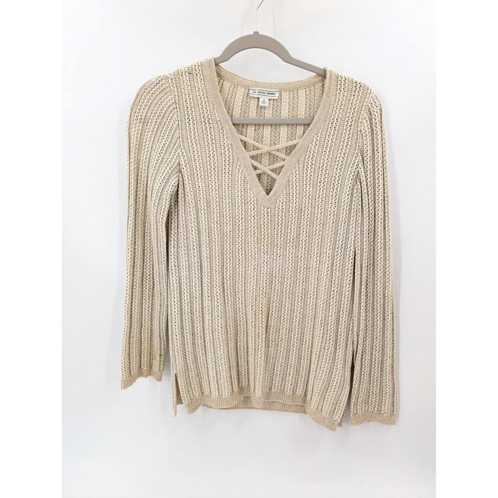 St John Sport Knit Pullover Sweater V-neck Open Beige Tan Size P Petite *Flaw*